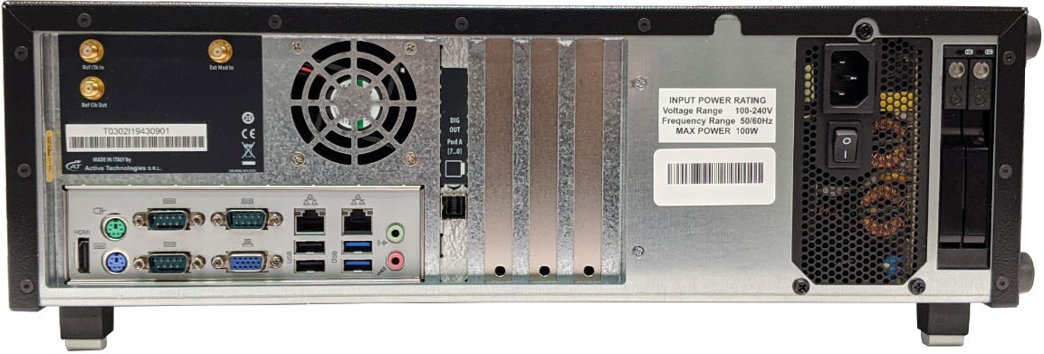 Model 675 rear panel showing reference clock, external modulation, digital pod, Ethernet, USB, and AC inlet