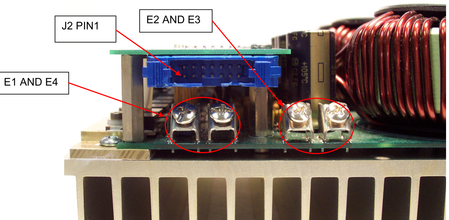 PCO-6131 photo identifying the J2 input header and the E1, E2, E3, and E4 screw-terminal locations on the main circuit board