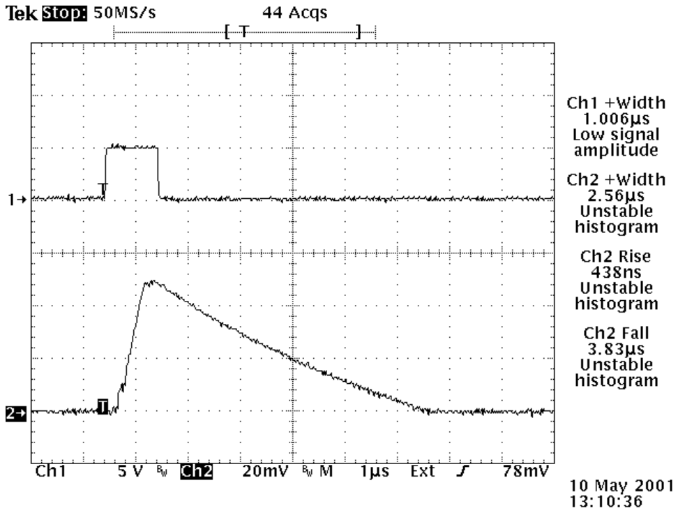 Oscilloscope capture: 1 microsecond pulse width with a wire interconnection, 3.8 microsecond fall time and 438 ns rise time