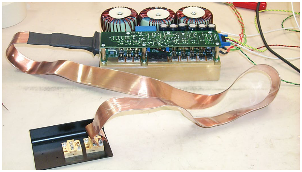 PCO-6131 test setup photo showing the module, the supplied copper stripline, and the laser diode under test
