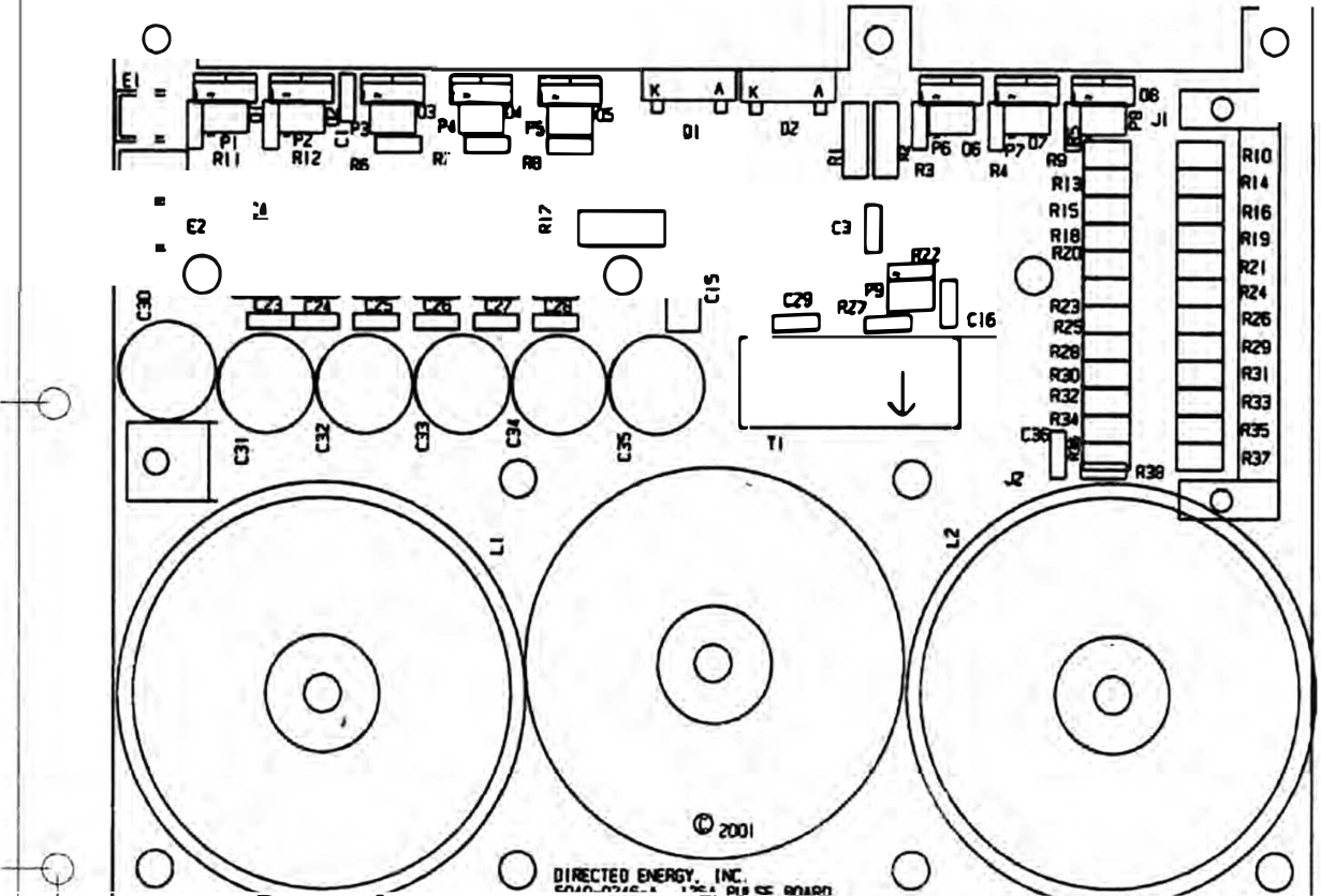 PCO-6141 dimensional outline drawing showing the printed circuit board, three toroidal inductors, mounting holes, and overall dimensions