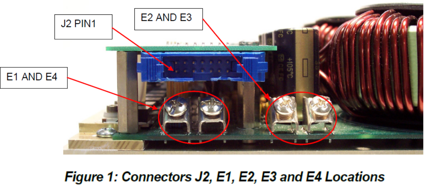 PCO-6141 photo showing the J2 input connector and the E1, E2, E3, E4 +24 VDC screw-terminal locations