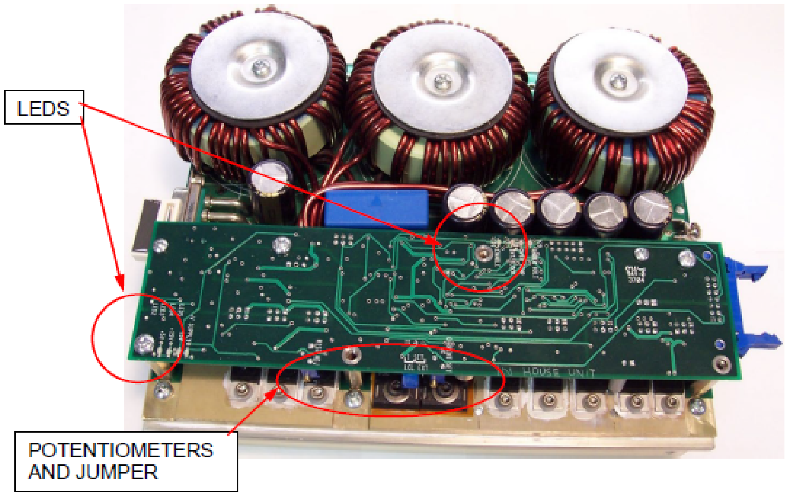 PCO-6141 photo identifying the LEDs, control potentiometers, and jumper locations on the logic circuit board