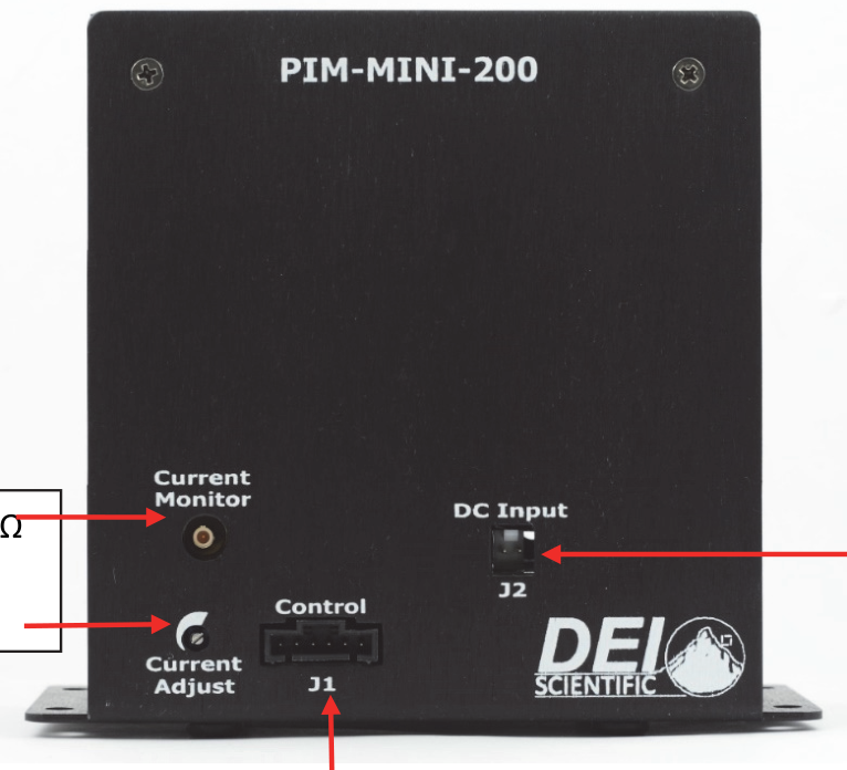 PIM-Mini-200 front panel showing Current Monitor SMB, Current Adjust setpoint control, Control connector J1, and DC Input connector J2