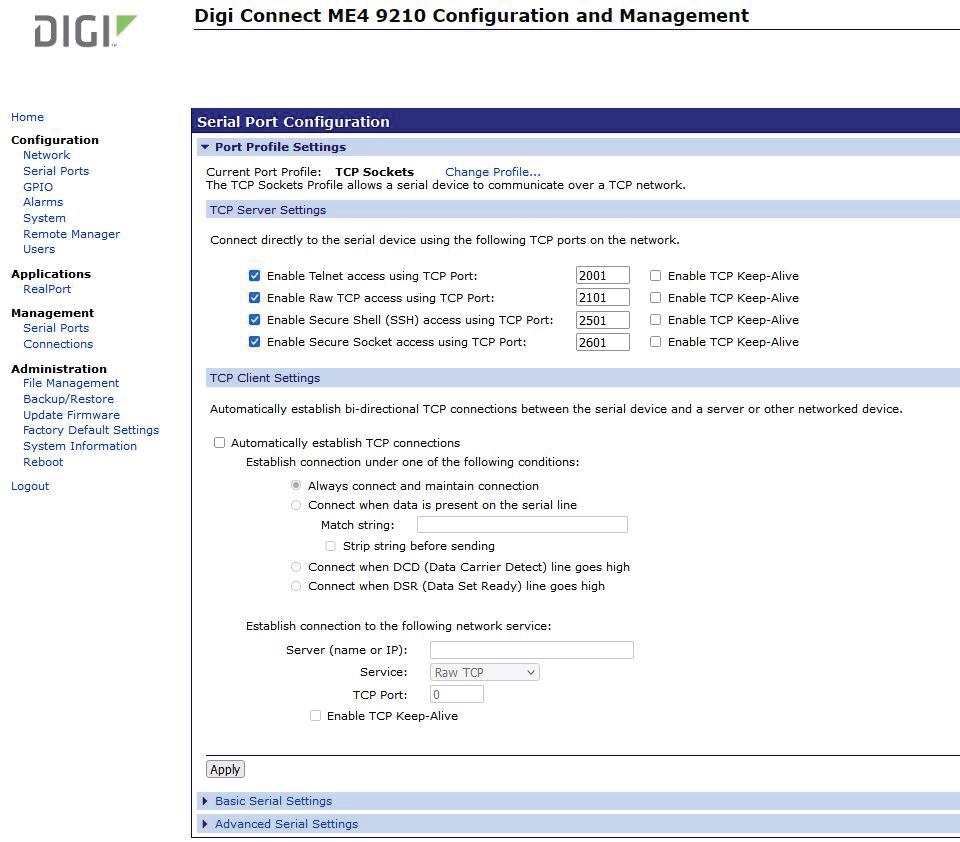 Serial Ports page.