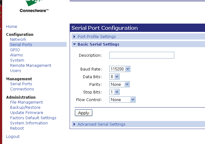 Basic Serial Settings (baud rate).