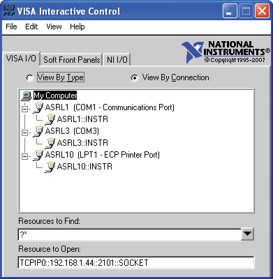 VISA Interactive Control: Resource to Open field.