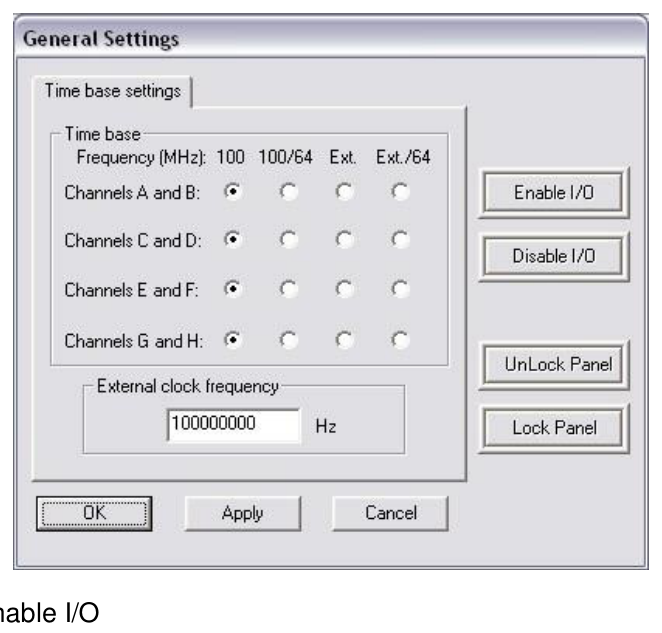timerPRO General Settings screen with tabs for disable/enable I/O, lock panel, and time base