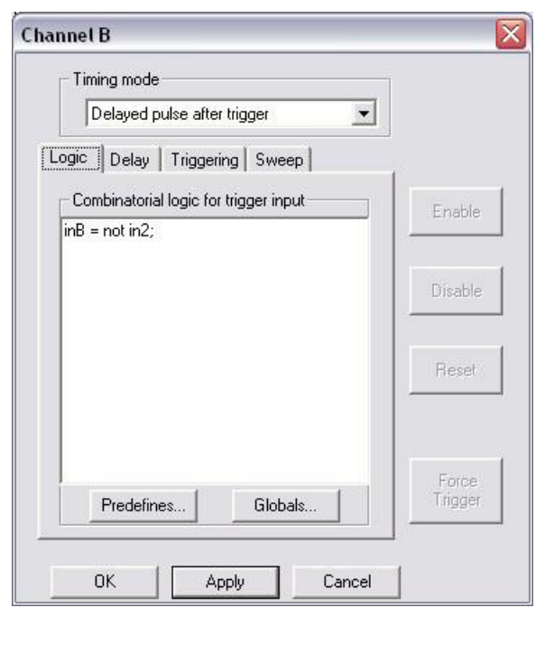 Channel Settings screen with tabs for timing mode, properties, and logic