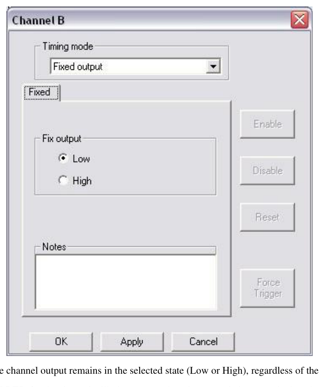Channel properties screen showing timing mode selection and property tabs