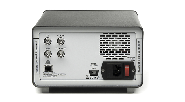 Berkeley Nucleonics Model 745T rear panel showing T0, clock in and out, AUX, Ethernet, and the power inlet