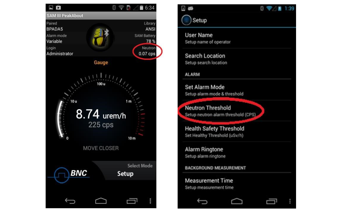 Figure 4.36. Features available with neutron detector option. Left: Neutron activity on home screen. Right: Neutron alarm threshold setting on Setup menu