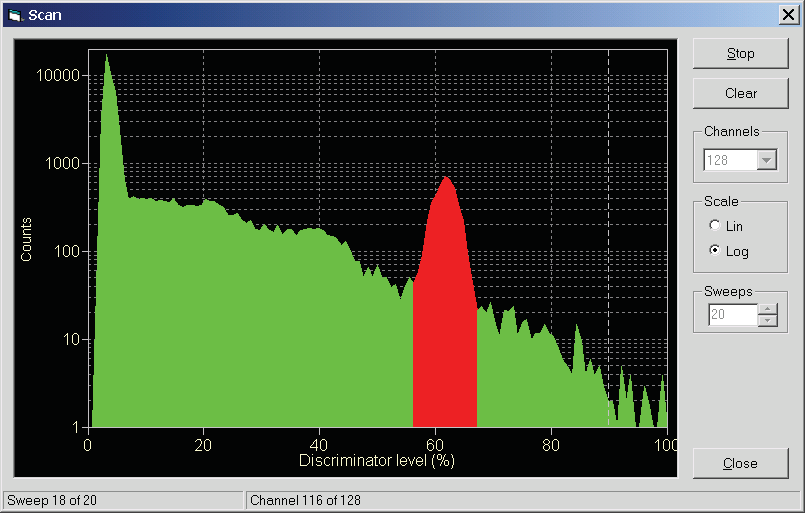 bPAD software screenshot showing pseudo-PHA spectrum and control interface